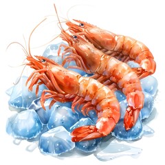  Shrimp arrangement on ice, type of meat, cute cartoon, full body, watercolor illustration.