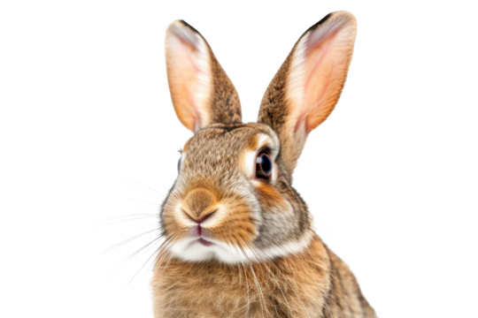 Studio portrait of cute rabbit isolated on transparent png background, happy bunny running on floor, adorable fluffy rabbit that sniffing.
