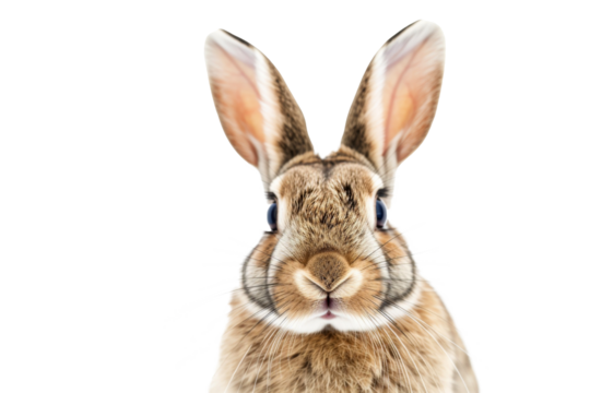 Studio portrait of cute rabbit isolated on transparent png background, happy bunny running on floor, adorable fluffy rabbit that sniffing.
