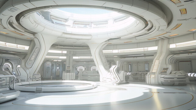 Futuristic interior of a spaceship, white and gold, with a large central column and a circular opening in the ceiling.