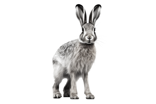 Studio portrait of cute rabbit isolated on transparent png background, happy bunny running on floor, adorable fluffy rabbit that sniffing.