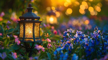 Decorative Small Solar Garden Light, Lanterns In Flower Bed. Garden Design. Solar Powered Lamp - obrazy, fototapety, plakaty