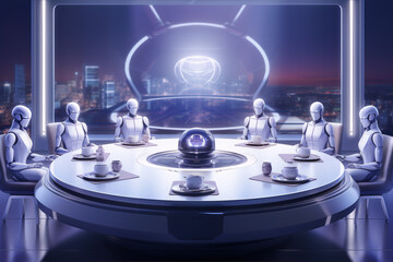 A round table with 5 chairs with 5 robots sitting at it having tea in a futuristic setting with a large window showing a cityscape at night. - obrazy, fototapety, plakaty