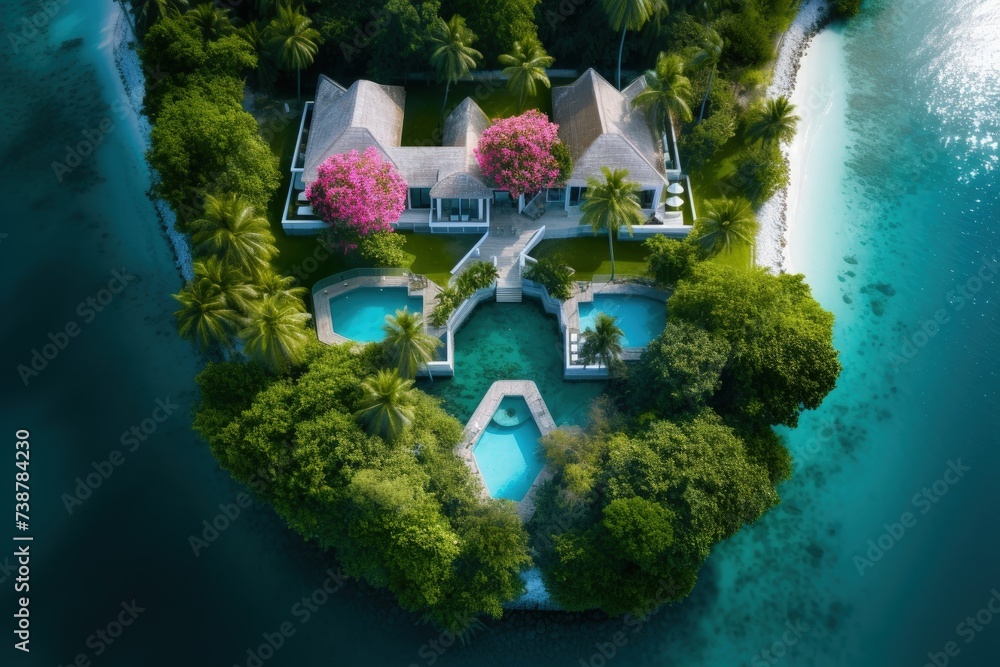 Wall mural This aerial view captures the beauty of a tropical island with a luxurious pool nestled amidst lush greenery. The crystal-clear waters shimmer under the golden sun, inviting relaxation and tranquility