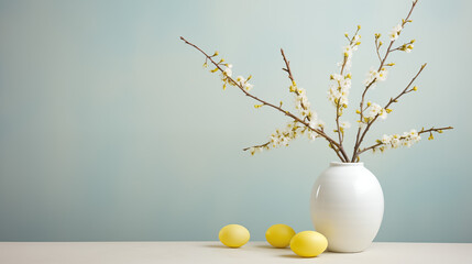 Obraz na płótnie Canvas Minimalistyczne jasne tło na życzenia Wielkanocne. Alleluja - Wesołych świąt Wielkiej Nocy. Jajka, kwiaty i inne wiosenne dekoracje.