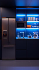 Blue and orange kitchen with stainless steel appliances in 3d rendering