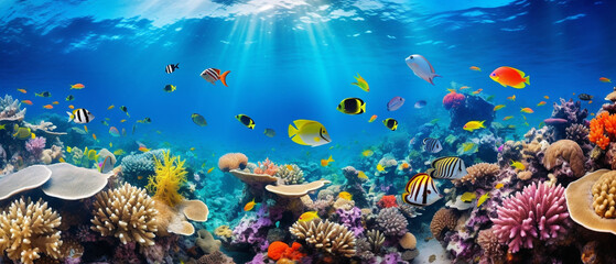 Naklejka na ściany i meble Vibrant tropical fish gracefully glide through crystal-clear waters of a colorful coral reef.