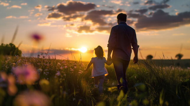 A father and daughter walking hand in hand through a field at sunset, with the sky painted in warm hues.