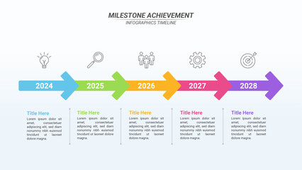 Milestone Achievement Infographic Timeline with 5 Steps and Editable Text on a 16:9 Layout for Business Presentations, Management, and Evaluation.