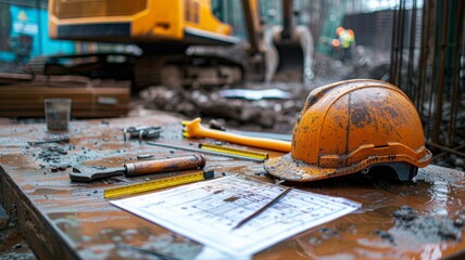 Close-up on a construction engineer's helmet, tools, and blueprints on a table with construction machinery working in the background, focus on the details of the tools and plans