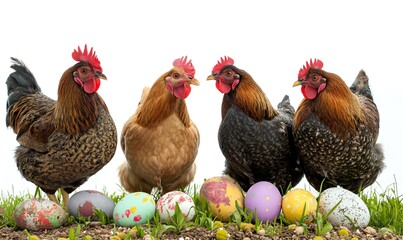 Fototapeta premium Homemade cute chickens with eggs in green grass on a white background. Background and wallpaper for Easter. Greeting card.