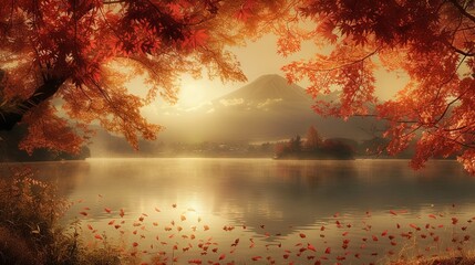A breathtaking scene capturing the essence of autumn at Lake Kawaguchiko, one of Japan's most...