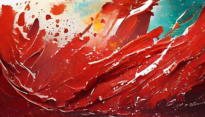 A passionate abstract painting with red strokes and splashes.