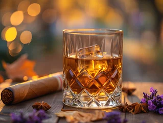 Photo sur Plexiglas Havana A glass of whiskey with ice sits next to a smoking cigar. 