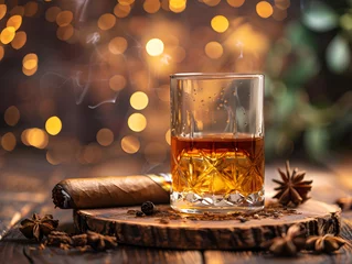 Rolgordijnen A glass of whiskey with ice sits next to a smoking cigar.  © wing