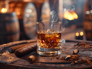 Rollo A glass of whiskey with ice sits next to a smoking cigar.  © wing