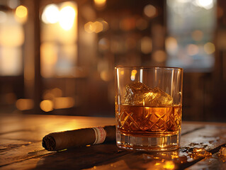 A glass of whiskey with ice sits next to a smoking cigar. 