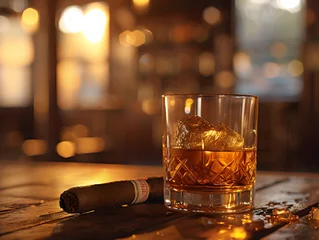 Zelfklevend Fotobehang A glass of whiskey with ice sits next to a smoking cigar.  © wing