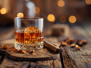 A glass of whiskey with ice sits next to a smoking cigar. 