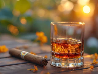 Gordijnen A glass of whiskey with ice sits next to a smoking cigar.  © wing