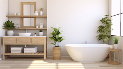 Fototapeta na wymiar Bathroom interior in a contemporary style with natural materials and colors, featuring a bathtub, sink, and vanity with plants and a large window.