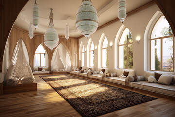 3D rendering of a middle eastern majlis with intricate patterns and warm colors - obrazy, fototapety, plakaty