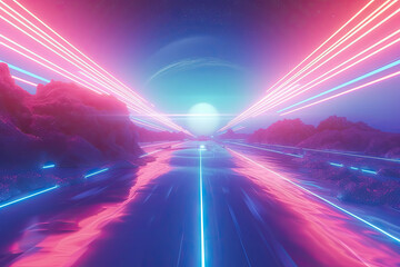 a blue and pink futuristic background, in the style of neon grids, cosmic landscape