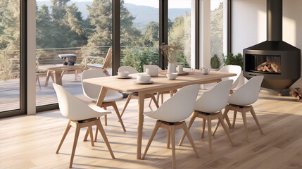 Modern dining room with a large wooden table and white chairs, a fireplace, and a view of the forest.