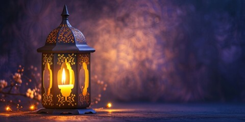 Ramadan lamp in Arabic style with candles on a purple background with flowers and with copy space
