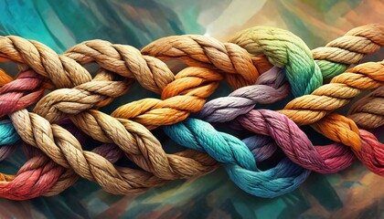 close up of a rope, Team rope diverse strength connect partnership together teamwork unity communicate support. Strong diverse network rope team concept integrate braid color background cooperation em - obrazy, fototapety, plakaty