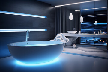 futuristic bathroom interior with blue neon lights and night city view