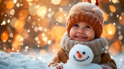 Young child in winter clothing smiling with a snowman, golden lights in the background.