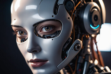 Fototapeta premium Female robot face, Artificial intelligence concept - AI