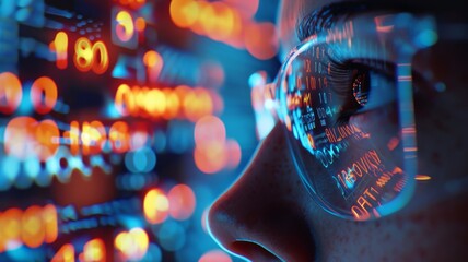 Intense focus on a digital display showing fluctuating chemical compound data, with a scientist's reflection on the screen, blending the human element with the cold precision of scientific analysis