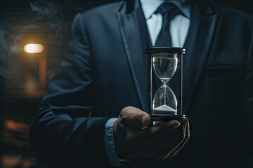 businessman hand holding black hourglass - Powered by Adobe