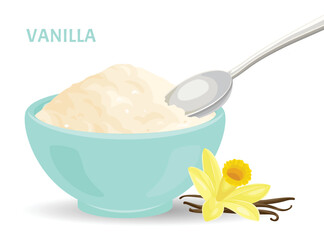 Bowl of vanilla powder and spoon. Vanilla flower and sticks. Vector cartoon flat illustration.
