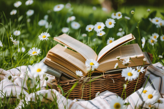 books on a grass with flowers, picnic