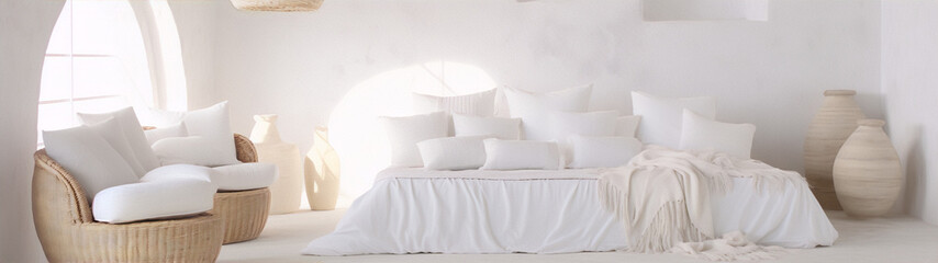 Minimalist bedroom interior with white bedding and wicker chair against white walls
