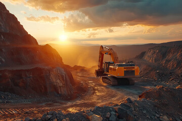 
Excavator in open pit mining Excavator on earthmoving on sunset Loader on excavation Earth Moving Heavy Equipment  - obrazy, fototapety, plakaty