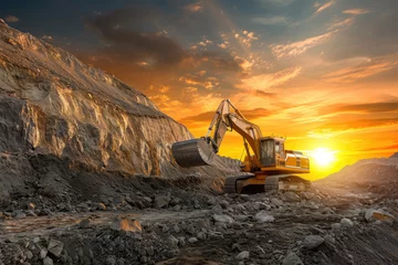 Foto op Aluminium  Excavator in open pit mining Excavator on earthmoving on sunset Loader on excavation Earth Moving Heavy Equipment  © Kitta