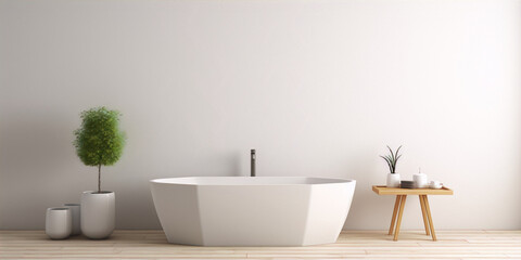 Bathroom interior with a bathtub, plants, and a wooden table in a minimalist style with white and...