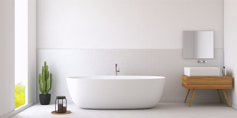 Fototapeta na wymiar Bathroom interior with bathtub, sink and mirror. White walls and floor. Minimalist style.