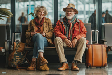 Fototapeta na wymiar Happy senior couple waiting on the airport, traveling to their vacation
