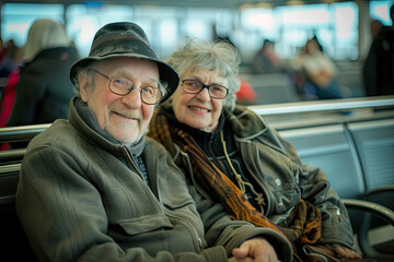 
Happy senior couple waiting on the airport, traveling to their vacation