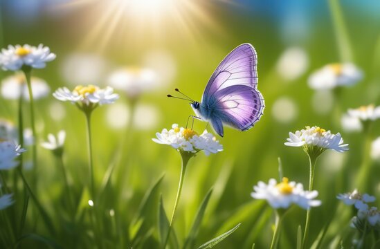 Purple butterfly flies over small wild white flowers in grass in rays of sunlight. Spring summer fresh artistic image of beauty morning nature. Selective soft focus.