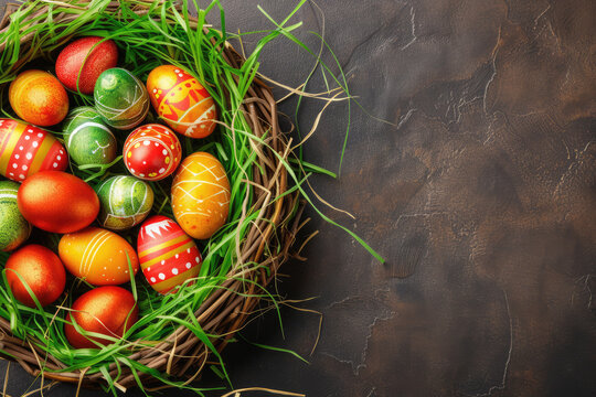 
Happy easter day frame background with orange eggs on countertop