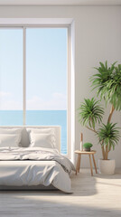 Minimalist bedroom interior with large windows and a view of the ocean. White walls, bedding, and furniture with green plants and a natural wood table.