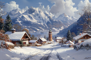  Lofi art style, a nice european mountain village, winter landscape