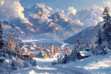 Papier Peint photo Destinations  Lofi art style, a nice european mountain village, winter landscape