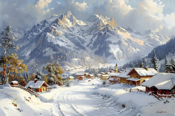  Lofi art style, a nice european mountain village, winter landscape